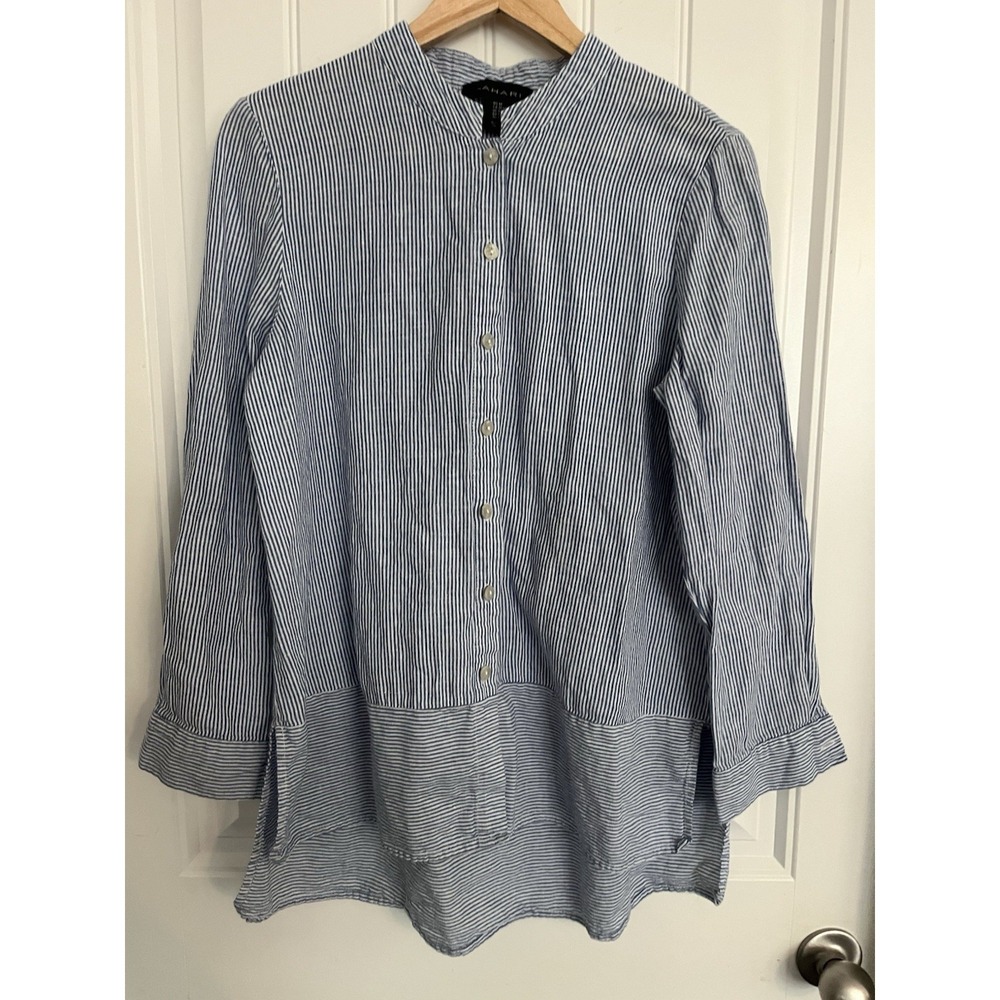 Tahari Women's Blue Linen Cotton Striped Tunic Shirt Womens Medium Blouse 432